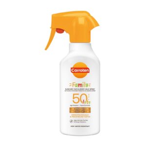 Carroten Family suncare milk spray SPF50 270ml on clean white background