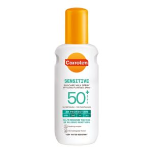 Carroten Sensitive Suncare Milk Spray SPF50+ 200ml on clean white background