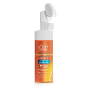 Eva Skin Clinic Vitamin C Facial Wash and Exfoliator 150 ml with brush on white background